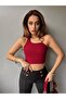 Women's Backless Buckle Detailed Sleeveless Crop Blouse Claret Red - 3