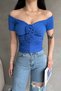 Women's Short Sleeve Boat Neck Floral Detailed Crop Blouse Cobalt Blue - 7