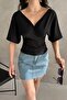 Women's Short Sleeve Double Breasted Neck Back V Cross Band Detail Blouse Black - 5