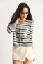 Women's Gray Striped Crew Neck Knitwear Cardigan 20247570 - 2