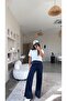 Navy Blue Draped Buckle Satin Trousers - 5