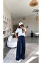 Navy Blue Draped Buckle Satin Trousers - 3