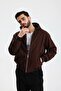 Hooded Brown Gabardine Oversize Bomber Jacket - 5