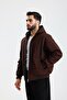 Hooded Brown Gabardine Oversize Bomber Jacket - 4