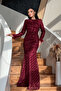 Sequin Fabric Hijab Evening Dress - Burgundy - 2