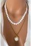 (Two Necklaces) Natural Stone Off-White Stone and Steel Chain Gold Framed End Women's Necklace