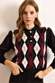 Women's Black Polo Neck Buttoned Diamond Pattern Knitwear Blouse Blz-19003095 - 5