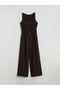 Brown U-Neck Belted Women's Jumpsuit - 5