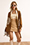 Women's Brown Rose Patterned Fringed Poncho Cardigan Hrk-19000383 - 6
