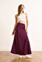 Women's Plum Side Zipper Maxi Bell Draped Satin Skirt Etk-19000351 - 5