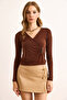 Women's Brown Double Breasted Collar Garnished Sandy Blouse Blz-19003098 - 2
