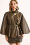 Women's Khaki Velvet Lined Faux Leather Cape Coat Ckt-19000462