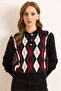 Women's Black Polo Neck Buttoned Diamond Pattern Knitwear Blouse Blz-19003095 - 2
