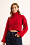 Women's Red Turtleneck Soft Textured Ribbed Crop Sweater Kzk-19000983 - 2