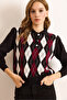 Women's Black Polo Neck Buttoned Diamond Pattern Knitwear Blouse Blz-19003095 - 4