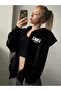 Women's Black Hooded Zippered Aloha Printed Oversize Ribbed Cardigan