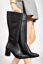 Black High Heeled Leather Look Zippered Skin Long Women's Boots - 3