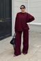Burgundy Crew Neck Oversize Sweater-Pants Knit Women's Bottom-Top Set - 2