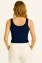 Navy Blue Slim Fit Tight-Fitting Plain Round Neck Ribbed Camisole Crop Tank Top - 2