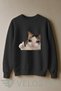 Unisex Crying Cat Printed 3 Thread Inner Ribbed Crew Neck Sweatshirt