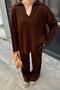 Brown Pre Polo Neck Oversize Sweater-Pants Knit Women's Bottom-Top Set - 4