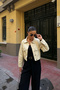 Women's Beige Double Pocket Denim Crop Jacket - 5