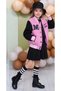 Girl's Button Detailed Cotton Pink College Jacket Velvet Skirt Set - 3