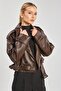 Women's button-up short leather jacket - bitter brown - 2
