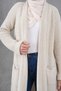 Cream Knitwear Fabric Double Pocket Shawl Collar Long Hijab Clothing Cardigan 5001 - 5