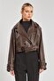 Women's button-up short leather jacket - bitter brown - 4