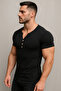 Special Edition Black Henley Dirty Collar Slim Fit Buttoned Open Wide Collar T-Shirt - 2