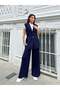 Gold Buttoned Waist Gathered Vest and Wide Leg Pants Knitwear Two-Piece Set 2619 - Navy Blue - 5