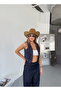 Women's Navy Blue Faux Suede Metal Stone Flexible Vest - 3