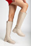 Women's Beige Leather Buckle Detailed Stretch Boots - 4
