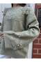 Oversize Organza Flower and Pearl Sleeve Detail Casual Knit Sweater 2621 - Green - 2