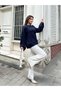 Oversize Organza Flower and Pearl Sleeve Detailed Casual Knitwear Sweater 2621 - Navy Blue - 3