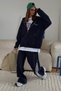 Women's Oversized Tracksuit Set Vision Printed Navy Blue – Hooded Zipper, Lace-Up Waist, Pipe Leg