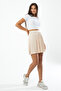 Cream Satin Elastic Waist Pleated Mini Skirt - 4