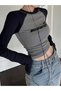 Gray Women's Slim Fit Crew Neck Printed Cotton Long Sleeve Crop T-Shirt Arm - 2