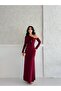 Off-Shoulder Long Dress with Burgundy Stone Accessories - 4