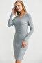 Button Detailed V-Neck Knitwear Dress - Gray - 4