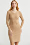 Button Detailed V-Neck Knitwear Dress - Camel