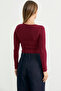 Ribbed Knit Sweater with Snap Buttons at the Bottom - Burgundy - 6