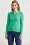 Polo Neck Ribbed Knit Sweater - Green - 3