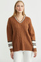 V-Neck Hair Braided Knitwear Sweater - Tan - 2