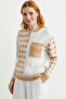 Zippered Diamond Motif Knitwear Cardigan - Camel - 4