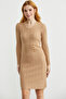 Button Detailed V-Neck Knitwear Dress - Camel - 2