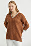 V-Neck Hair Braided Knitwear Sweater - Tan - 3