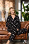 Women's Pajama Set Heart Patterned Buttoned Long Sleeve Black Color Pocket Detailed Suede