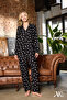 Women's Pajama Set Heart Patterned Buttoned Long Sleeve Black Color Pocket Detailed Suede - 3